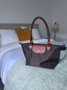 Longchamp Brown Nylon Tote with Chestnut Leather Trim - Long Handles